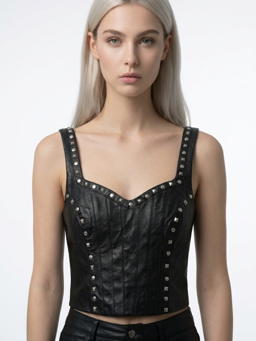 I.AM.GIA • Luther Black Faux Leather Studded Corset Crop Top XS